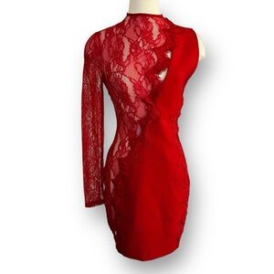NWT Miss Circle Xenia Red Lace One-Sleeve Sculpted Silhouette Mini Dress